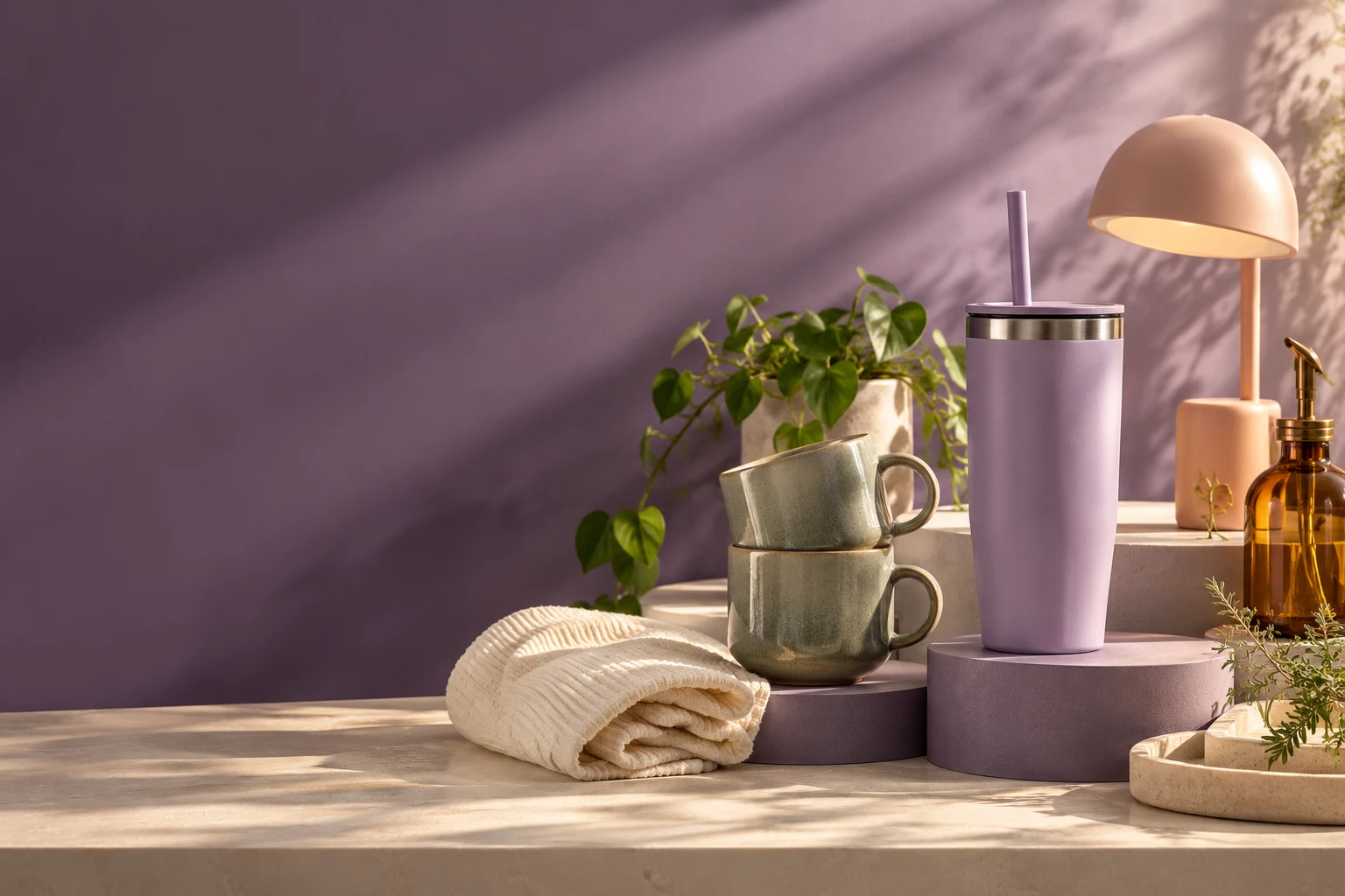 A sunlit still life of pastel homeware, a travel tumbler and a softly glowing lamp